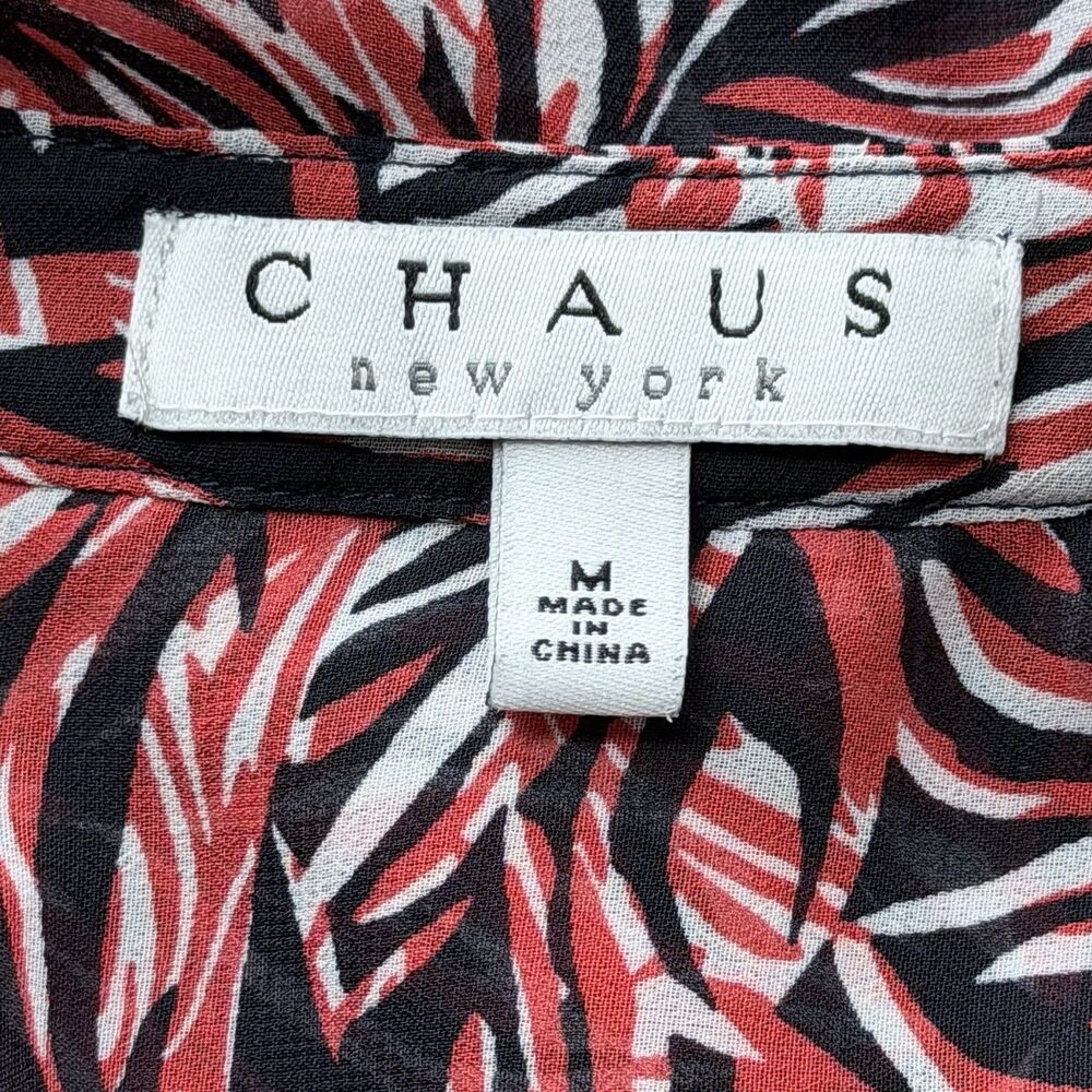 CHAUS NY Women’s Blouse Red-black-white Leaf Print Roll Tab 3/4 Sleeve Sz M - Picture 6 of 6